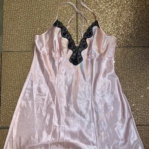 Pink and black lace detail silky nightgown slip